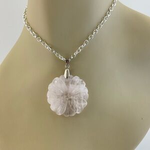 New Rose Quartz Flower Pendant Necklace, Silver Plated Cable Chain, Handmade